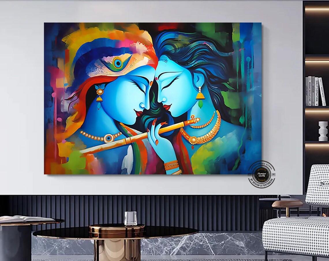 Radha Krishna Sharing Flute Colorful Abstract Spiritual Art Poster