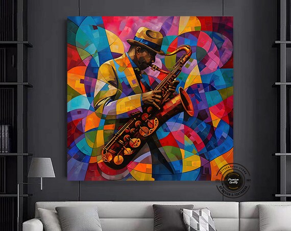 Saxophone Player in Colorful Cubist Jazz Music Art Portrait Poster
