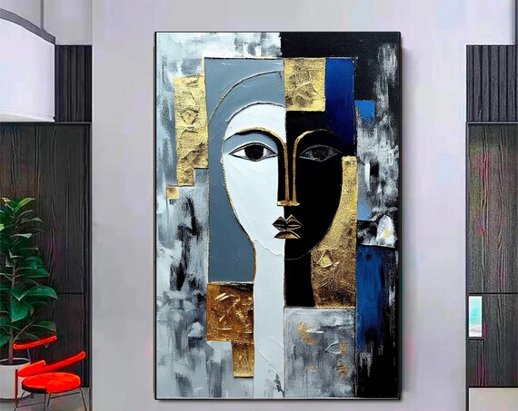 Bold Abstract Cubist Face Gold Black Modern Geometric Art Poster