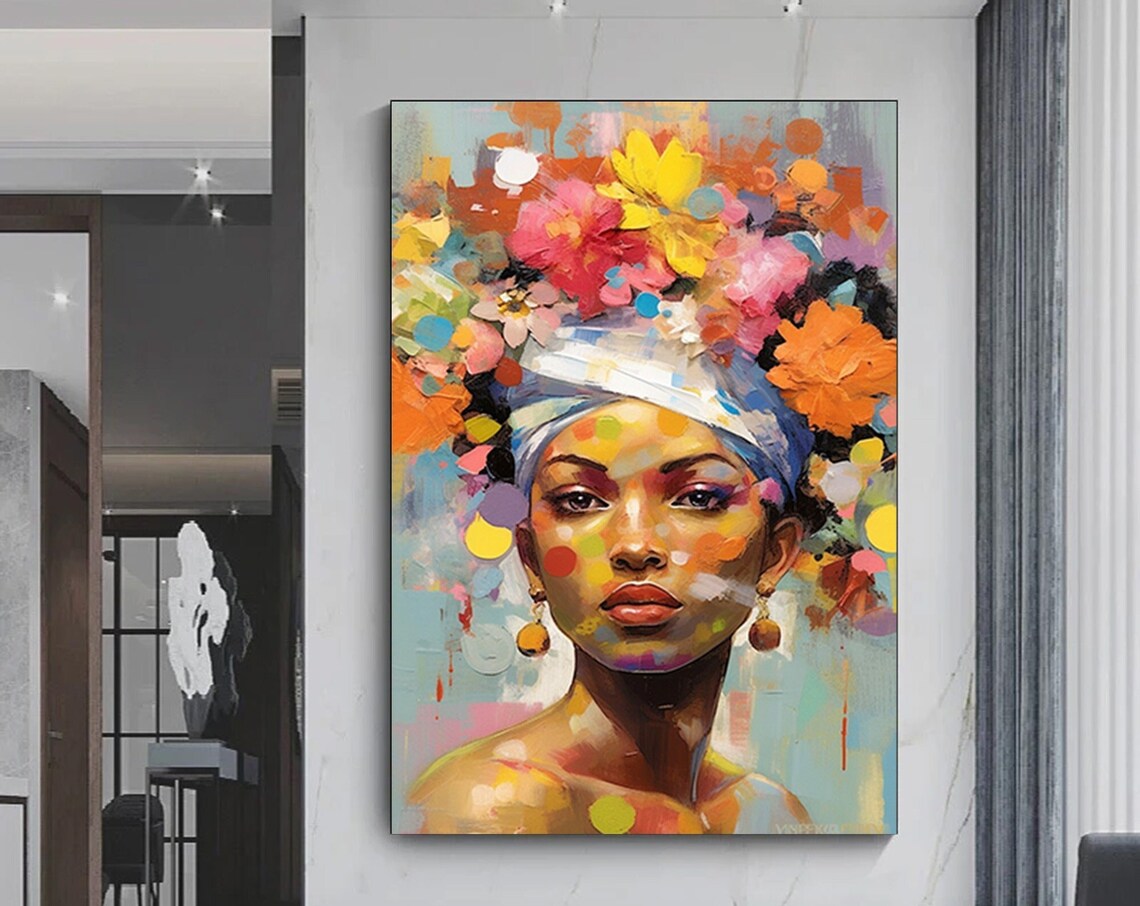 African Woman Flower Crown Portrait Vibrant Colorful Painting Poster