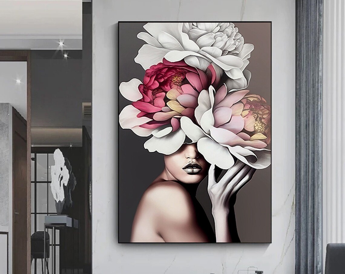 Woman Giant Peony Flower Face Floral Elegant Fashion Beauty Art Poster