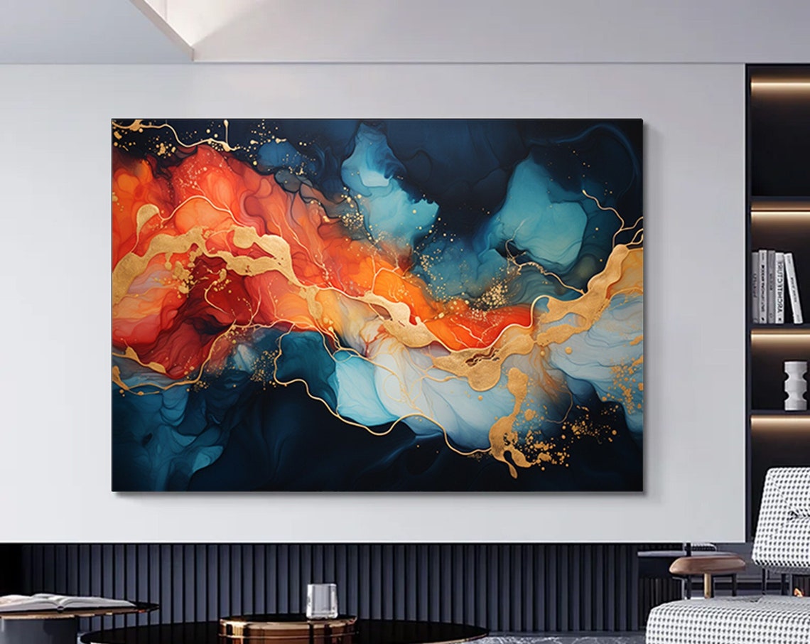 Bold Orange Teal Marble Ink Abstract Gold Flow Modern Art Poster