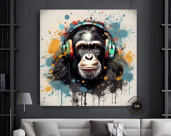 Dj Monkey Canvas Framed Pop Art Painting Culture Wall With Headphone Print Funny Over The Bed