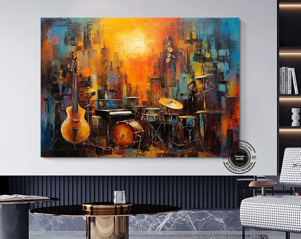 Jazz Band Instruments Upright Bass Drums Abstract Music Art Poster