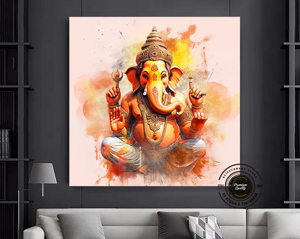 Lord Ganesha Watercolor Splash Painting with Warm Orange Tones Poster