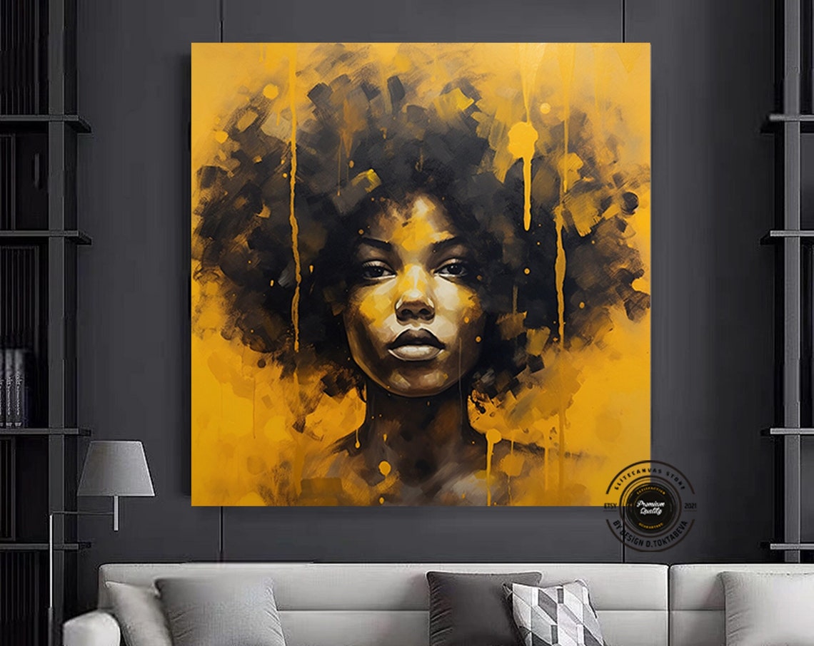 Woman Afro Yellow Black Drip Painting Bold Portrait Art Poster