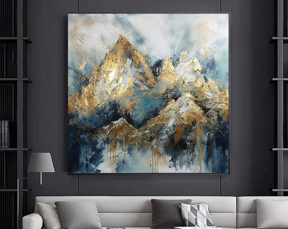 Golden Mountains Gold Leaf Blue White Abstract Peak Style Poster