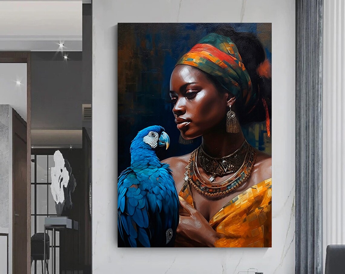 African Woman And Parrot Textured Ethnic Art Print