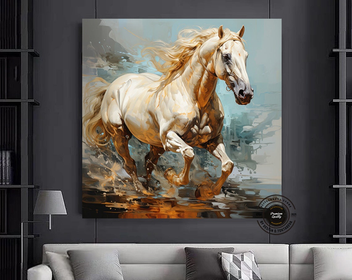White Horse Galloping Through Water Dynamic Equine Art Poster