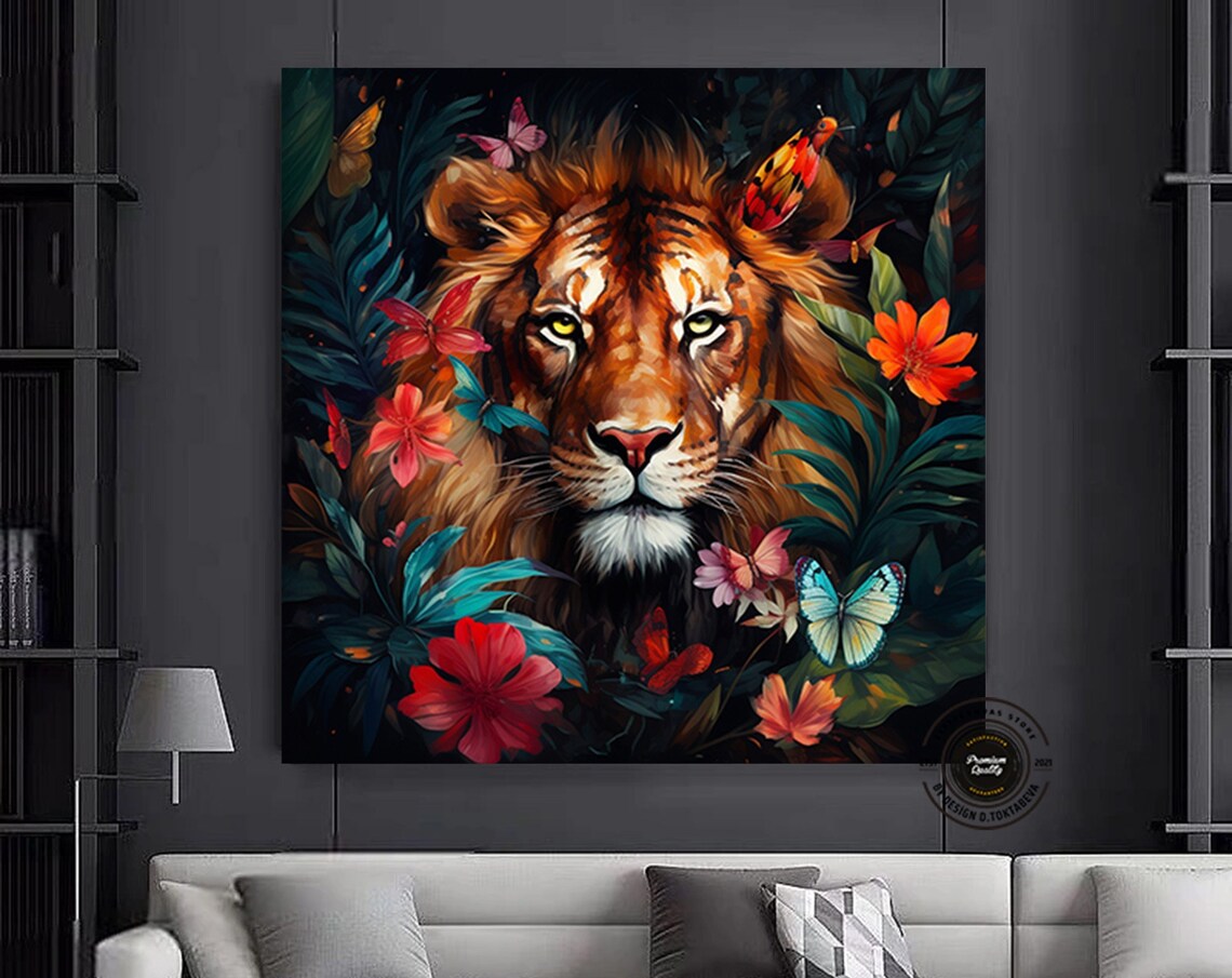 Majestic Lion Among Colorful Flowers and Butterflies Art Poster