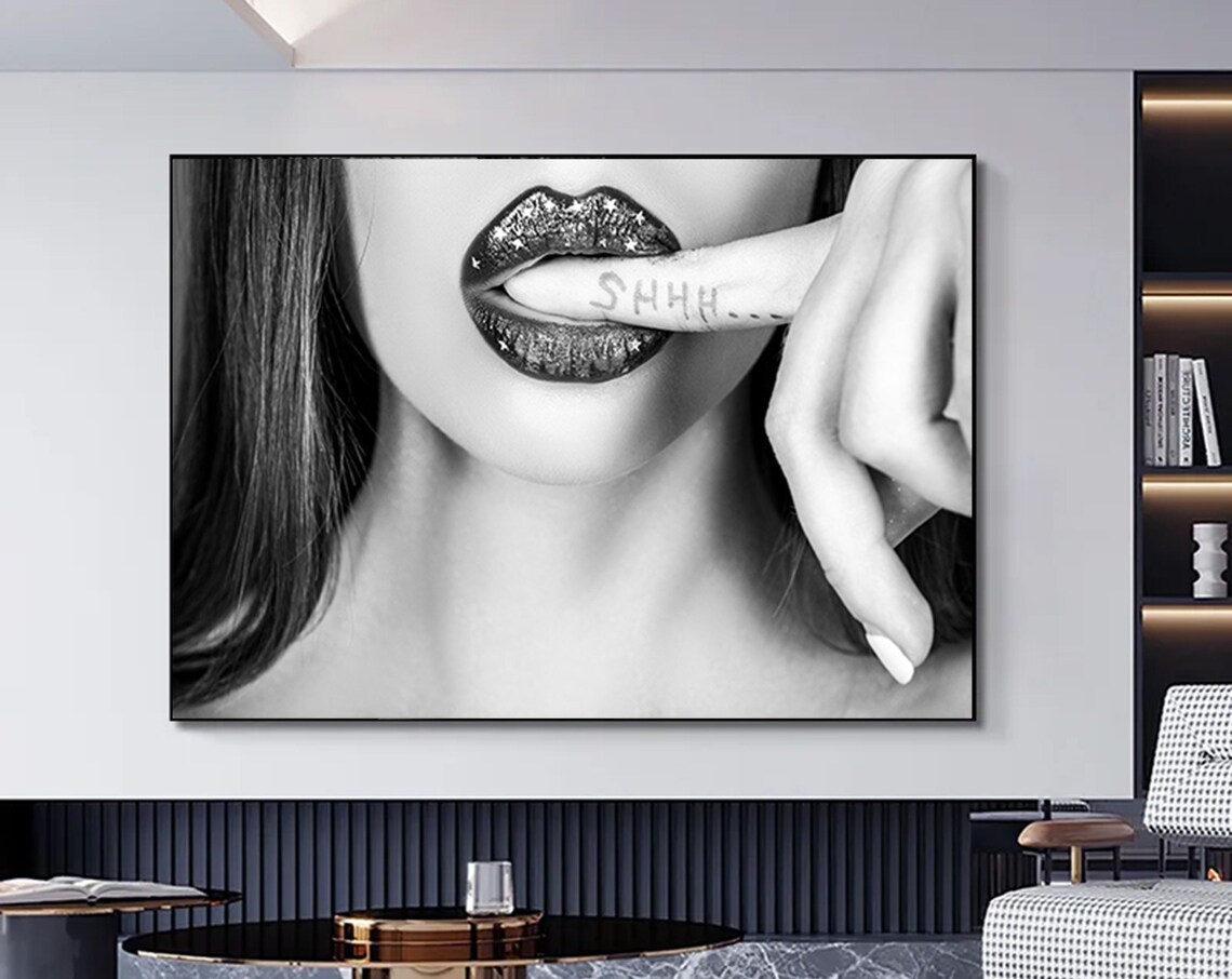 Shhh Woman Finger to Lips Glamorous Black White Fashion Poster