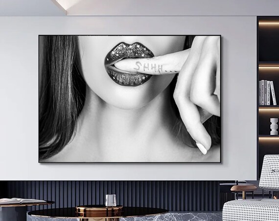 Shhh Woman Finger to Lips Glamorous Black White Fashion Poster