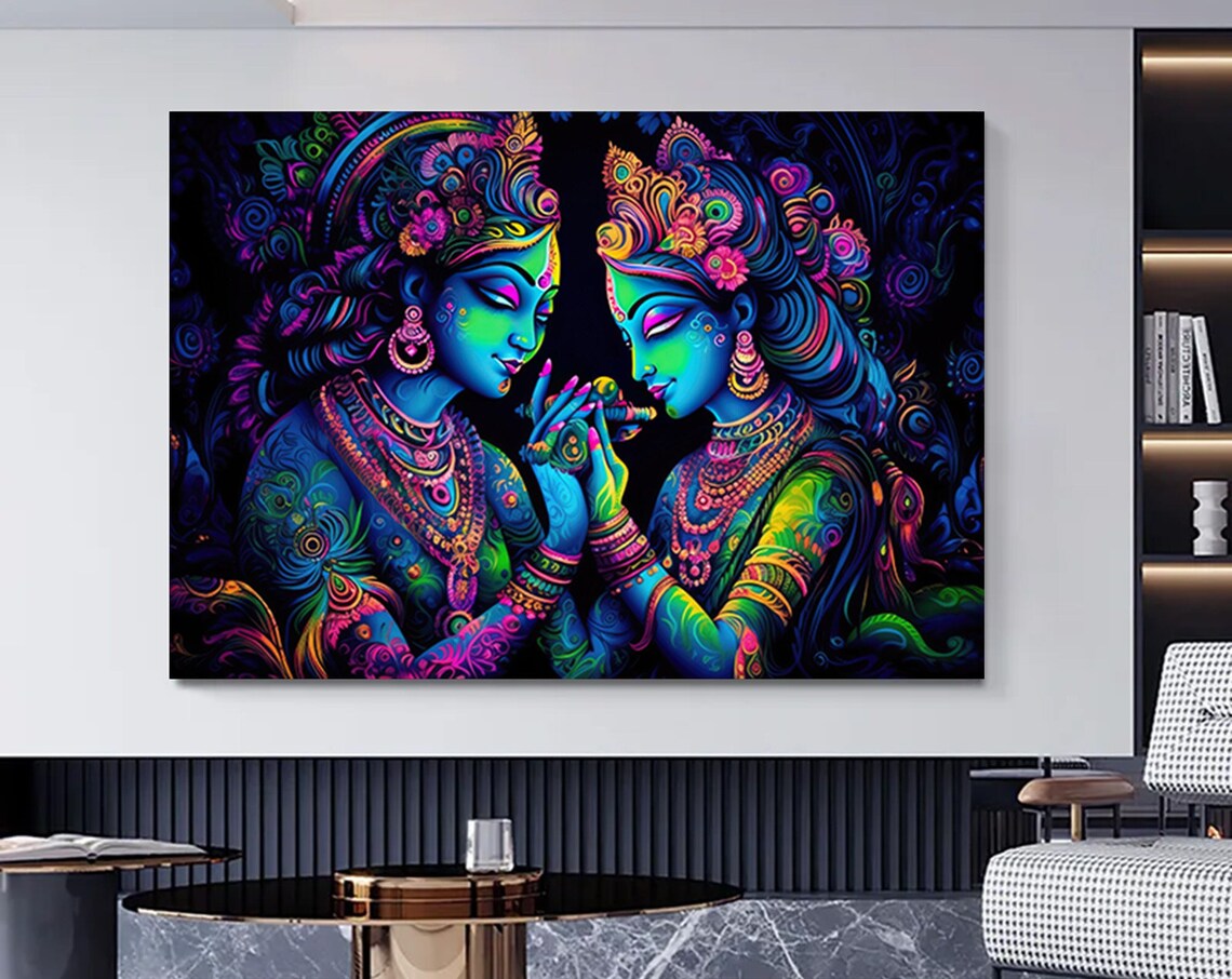 Radha Krishna Neon Painting Divine Love Hindu Deity Art Poster