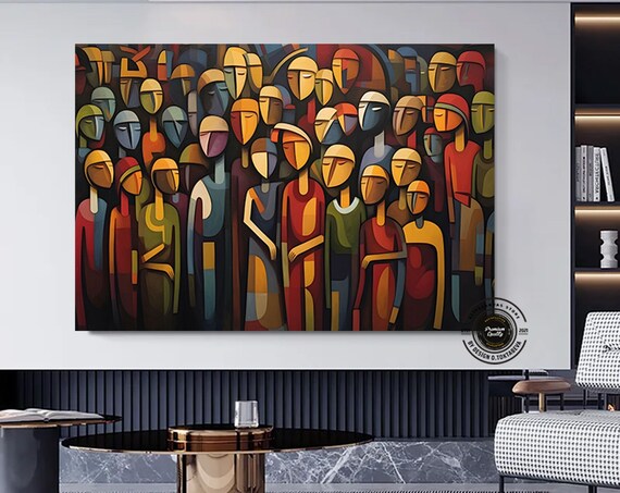 Cubist Abstract Painting of Colorful Geometric Crowd Figures Poster