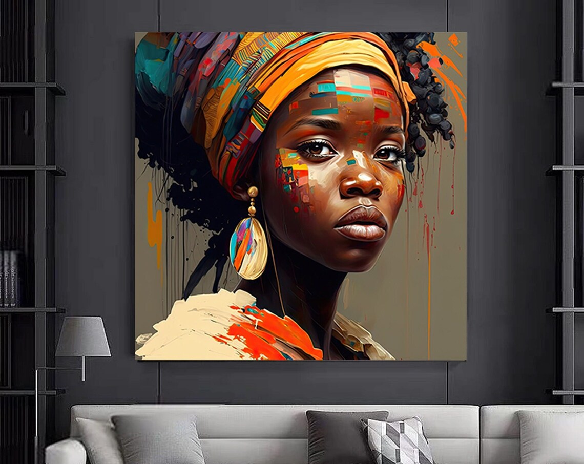 African Woman Orange Headwrap Digital Portrait Paint Splash Art Poster