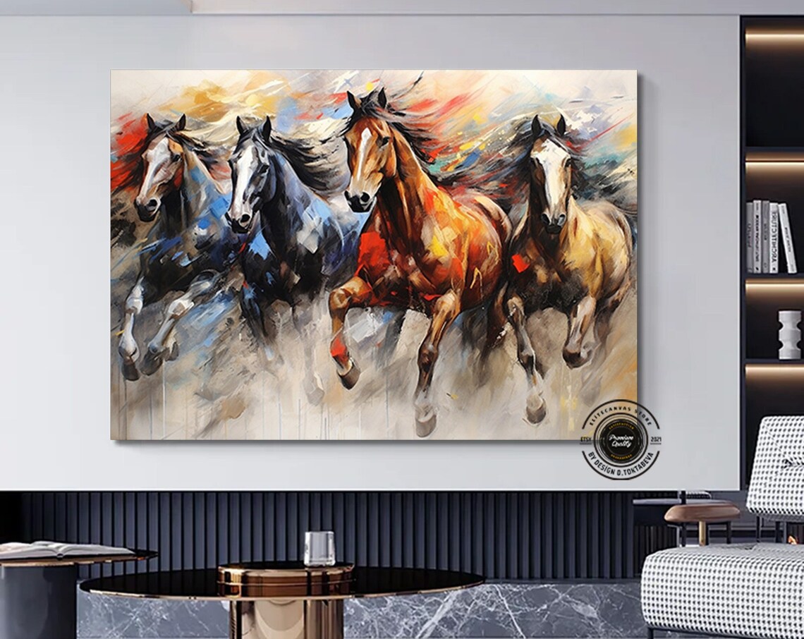 Four Galloping Horses Expressive Painting Bold Colors Wall Poster