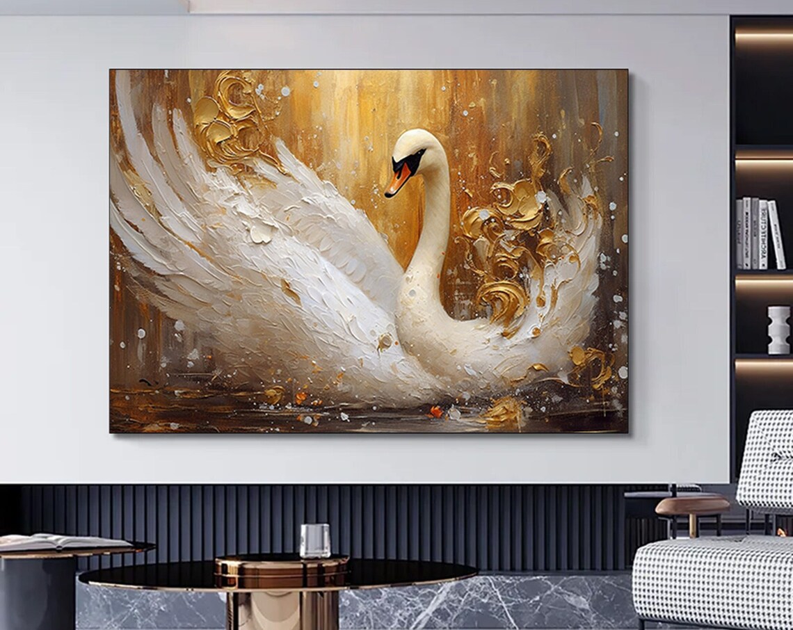 White Swan Golden Background Elegant Impasto Painting Poster