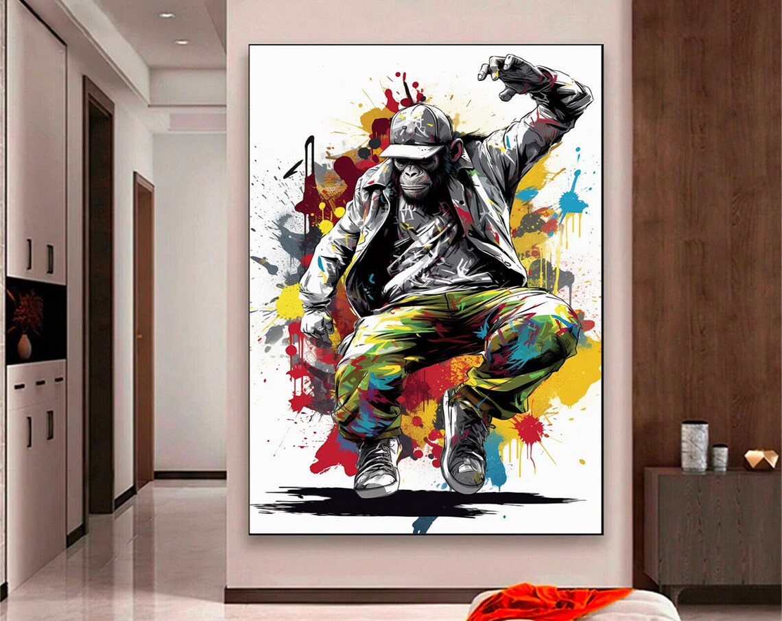 Hip Hop Monkey Dancer Colorful Paint Splash Street Art Poster