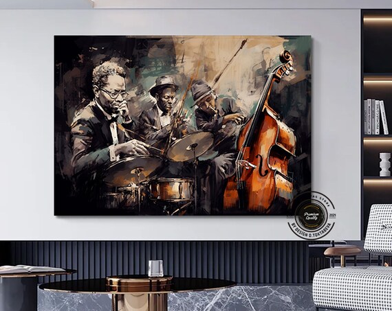 Jazz Drummer Trombone and Bass Band Energy Art Poster for Stylish Living Spaces