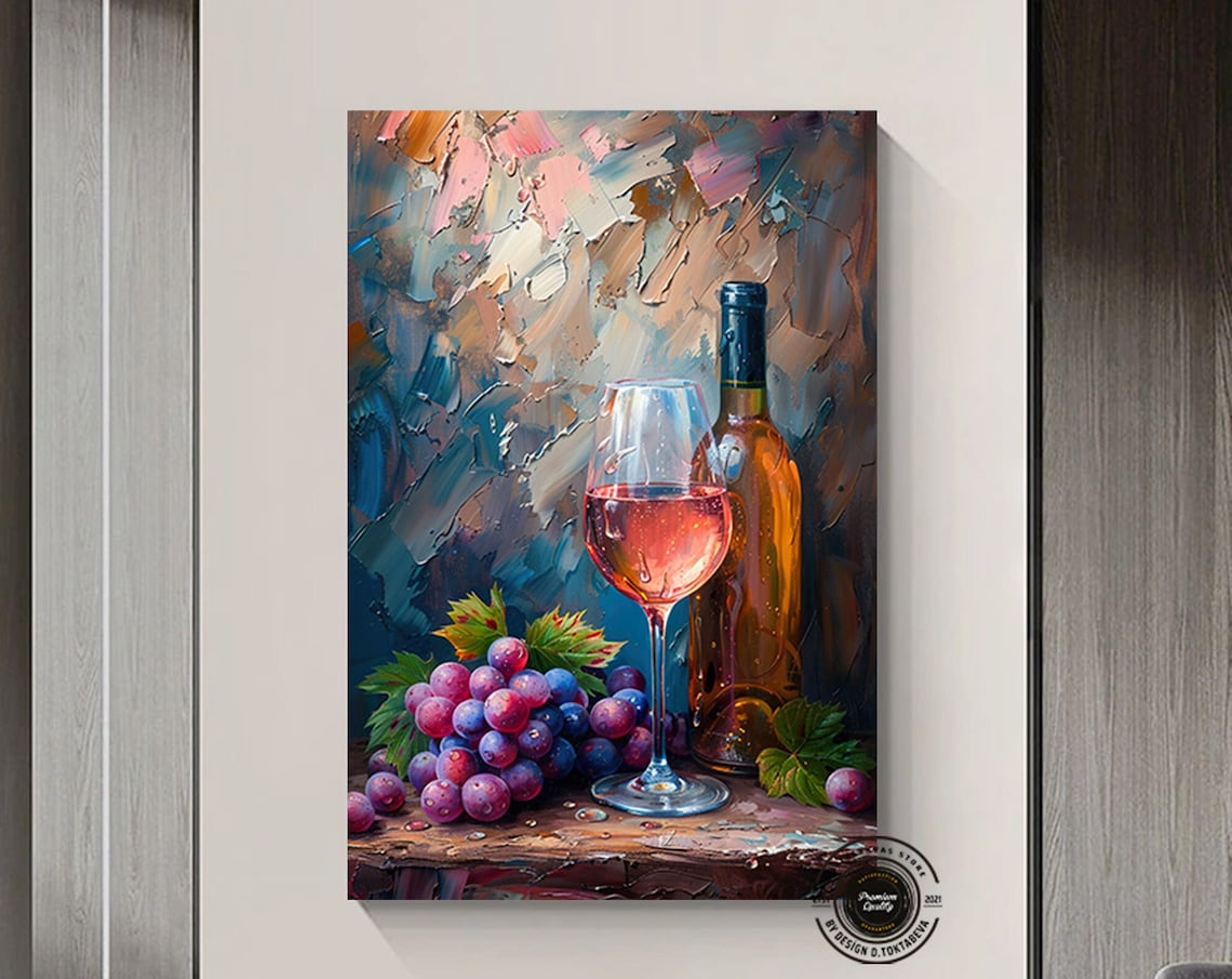 Wine Bottle Art Print, Red Fruit Glass Decor