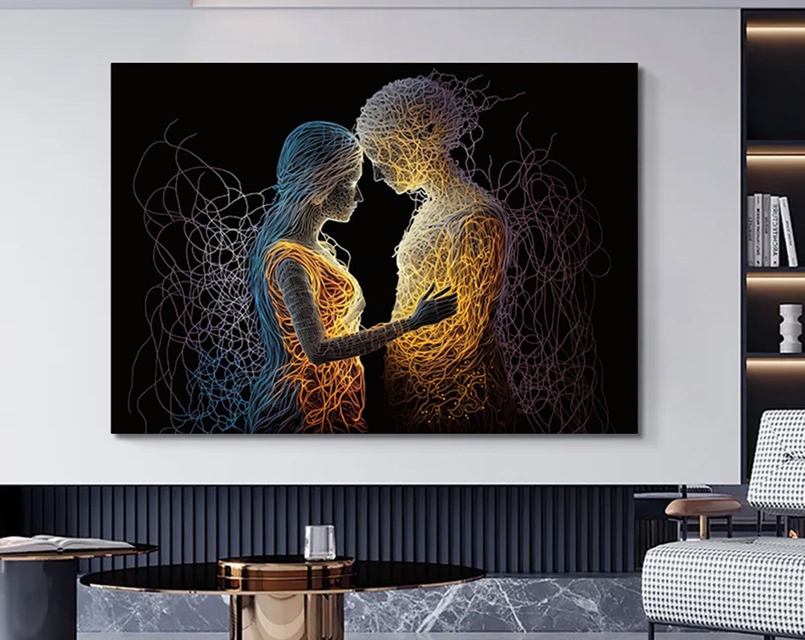 Wire Art Couple Embracing Glowing Threads on Black Art Poster