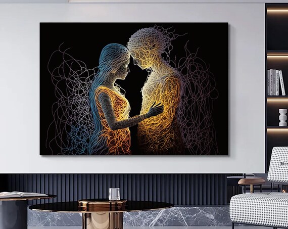 Wire Art Couple Embracing Glowing Threads on Black Art Poster