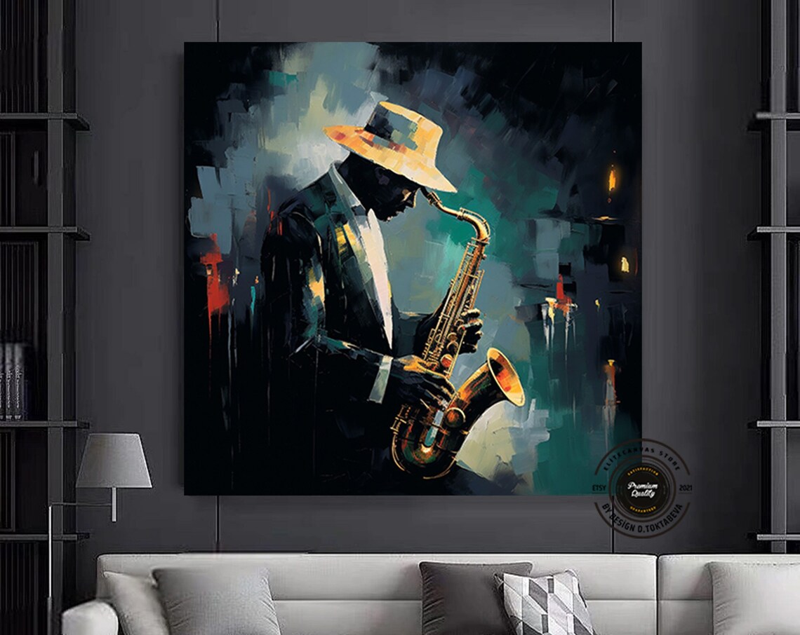 Jazz Saxophonist Yellow Hat Night City Music Artwork Large Poster