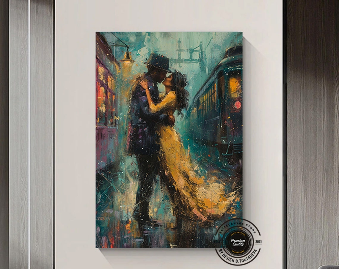 Couple Dancing in Rain Beside Vintage Train Romantic Art Poster