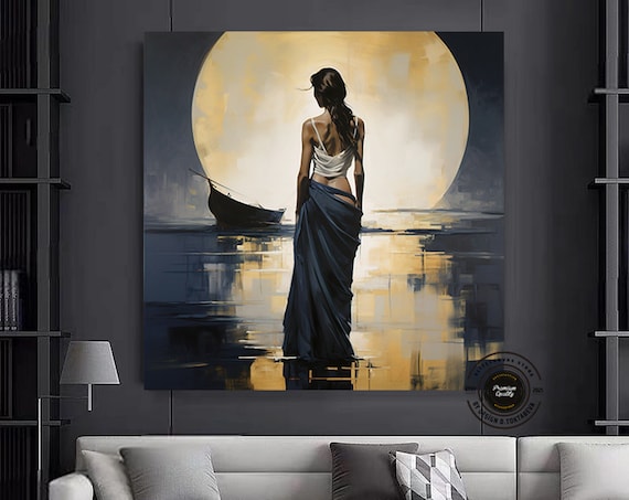 Woman Standing Before Giant Golden Full Moon Art Poster to Brighten Any Room