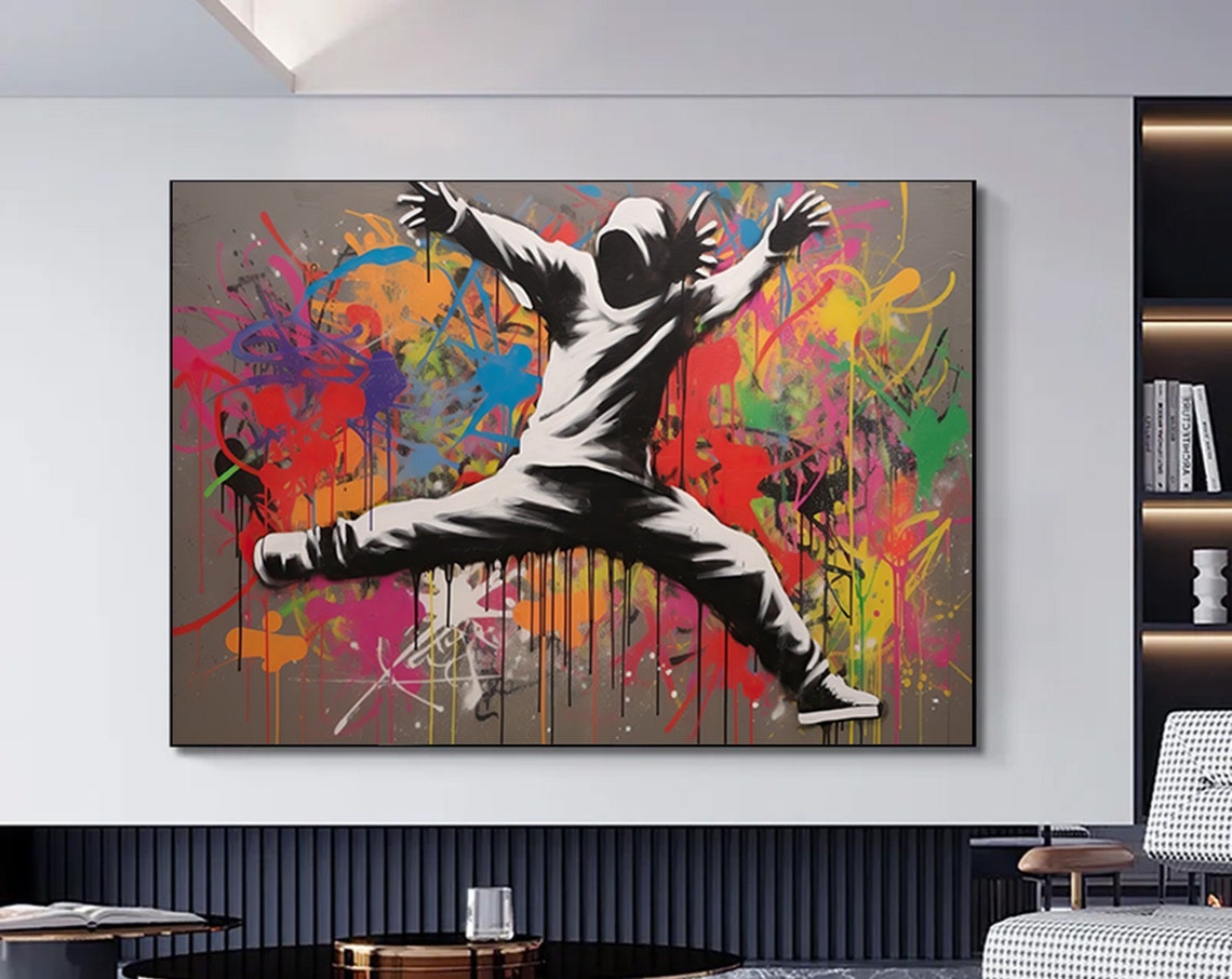 Leaping Figure Stencil Urban Graffiti Colorful Paint Splatter Poster