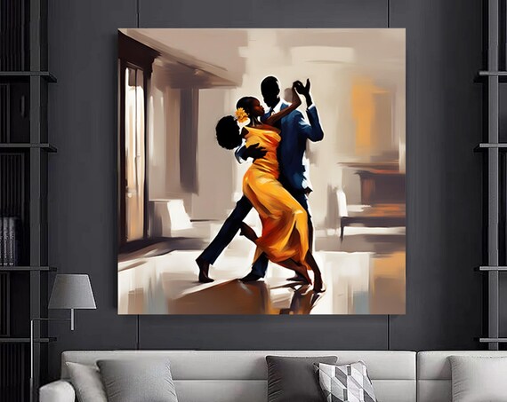 African Dancing Couple Woman in Yellow Dress Elegant Art Poster