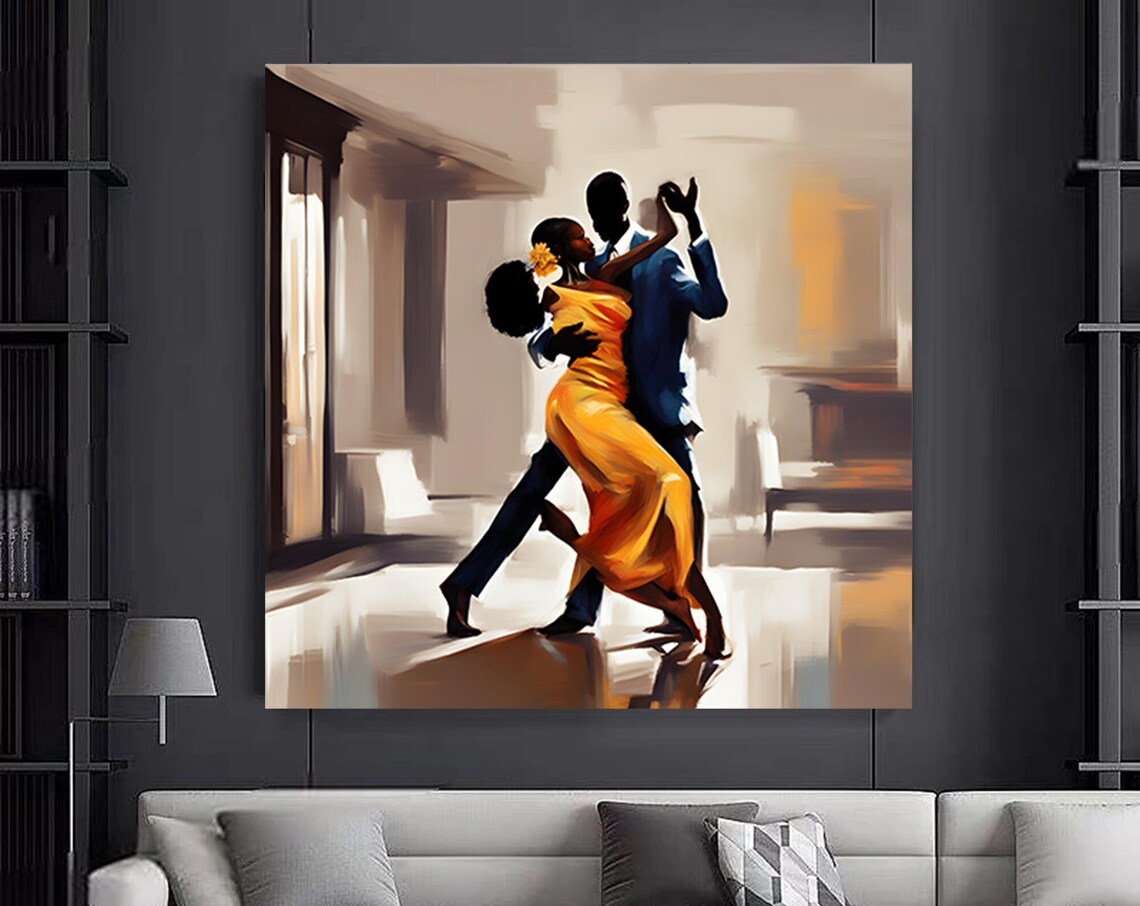 African Dancing Couple Woman in Yellow Dress Elegant Art Poster