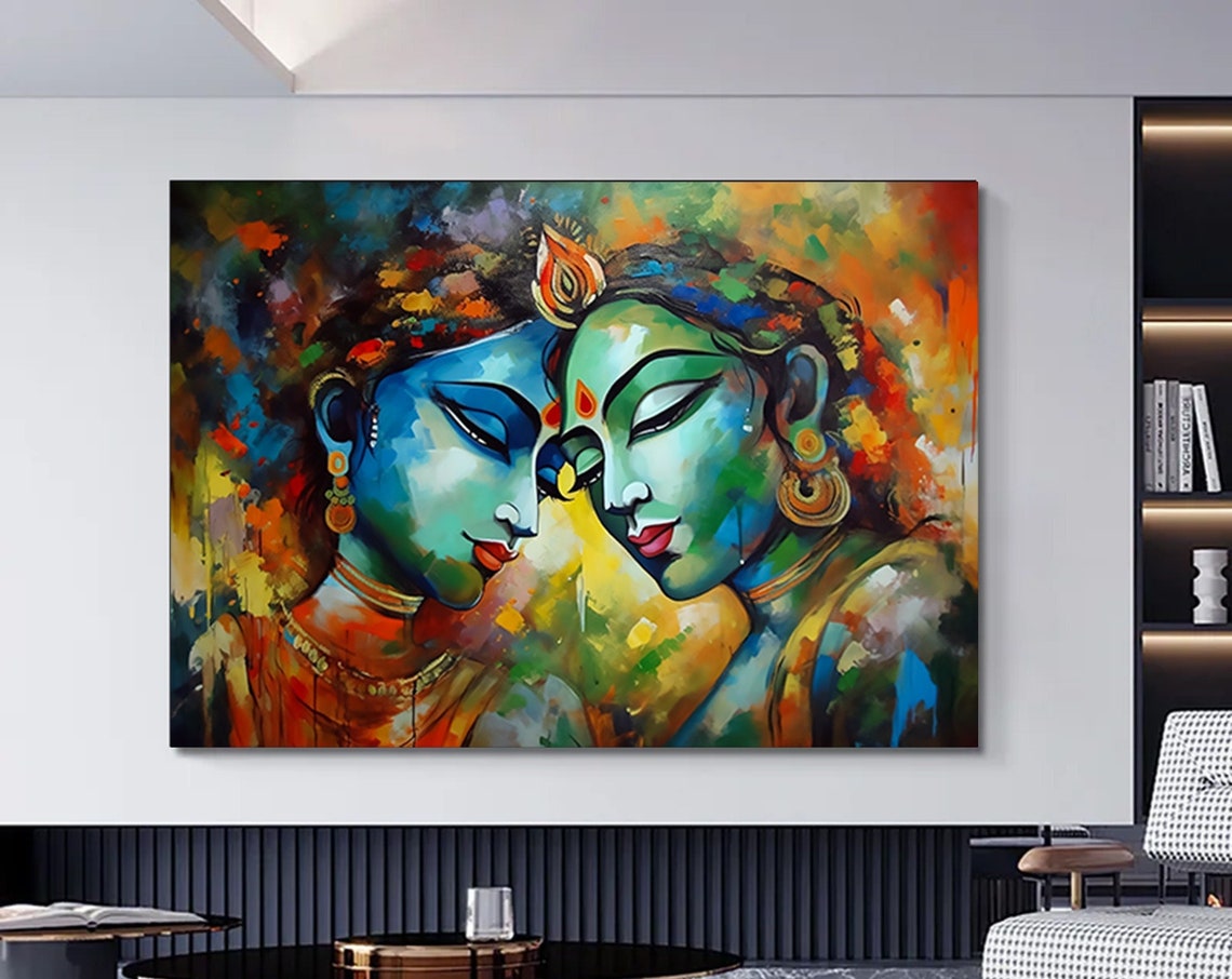 Radha Krishna Colorful Abstract Devotional Indian Art Painting Poster