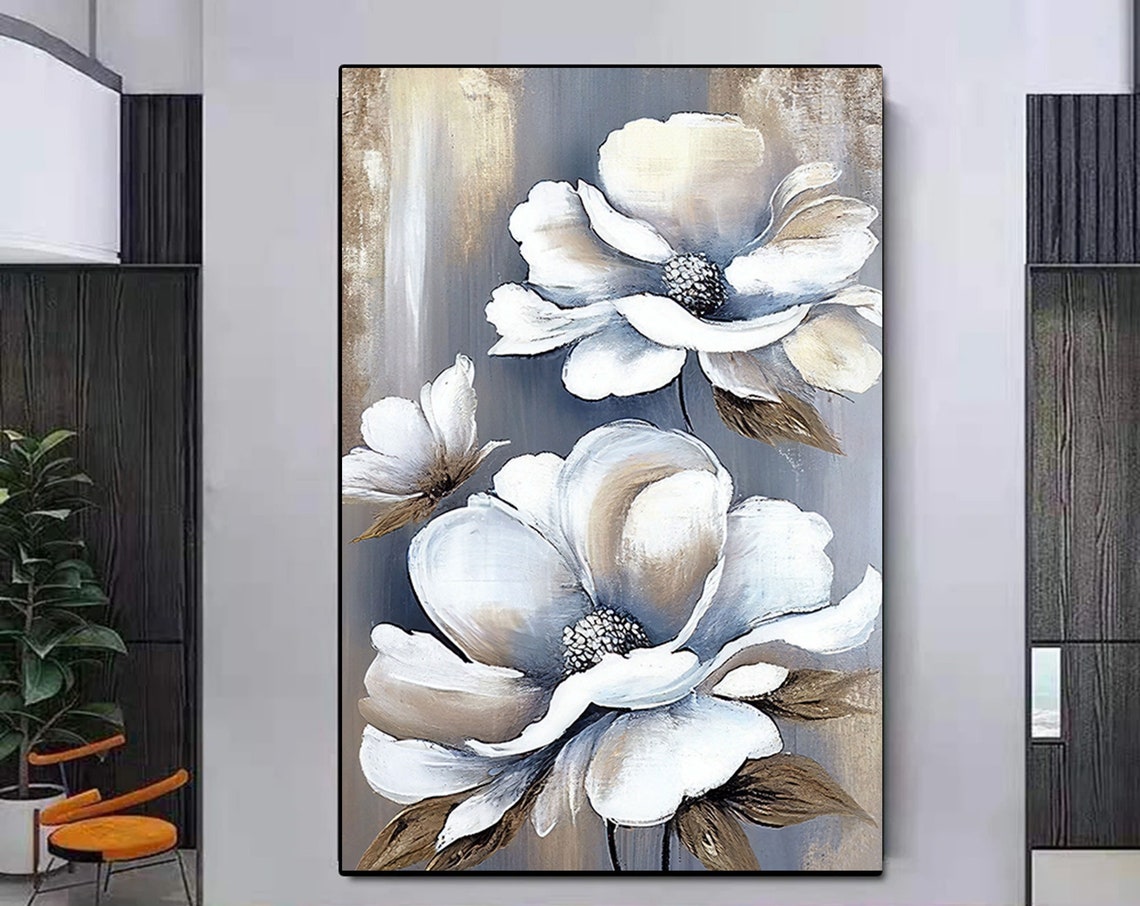 White Flowers Gold Accents Elegant Floral Painting Art Poster