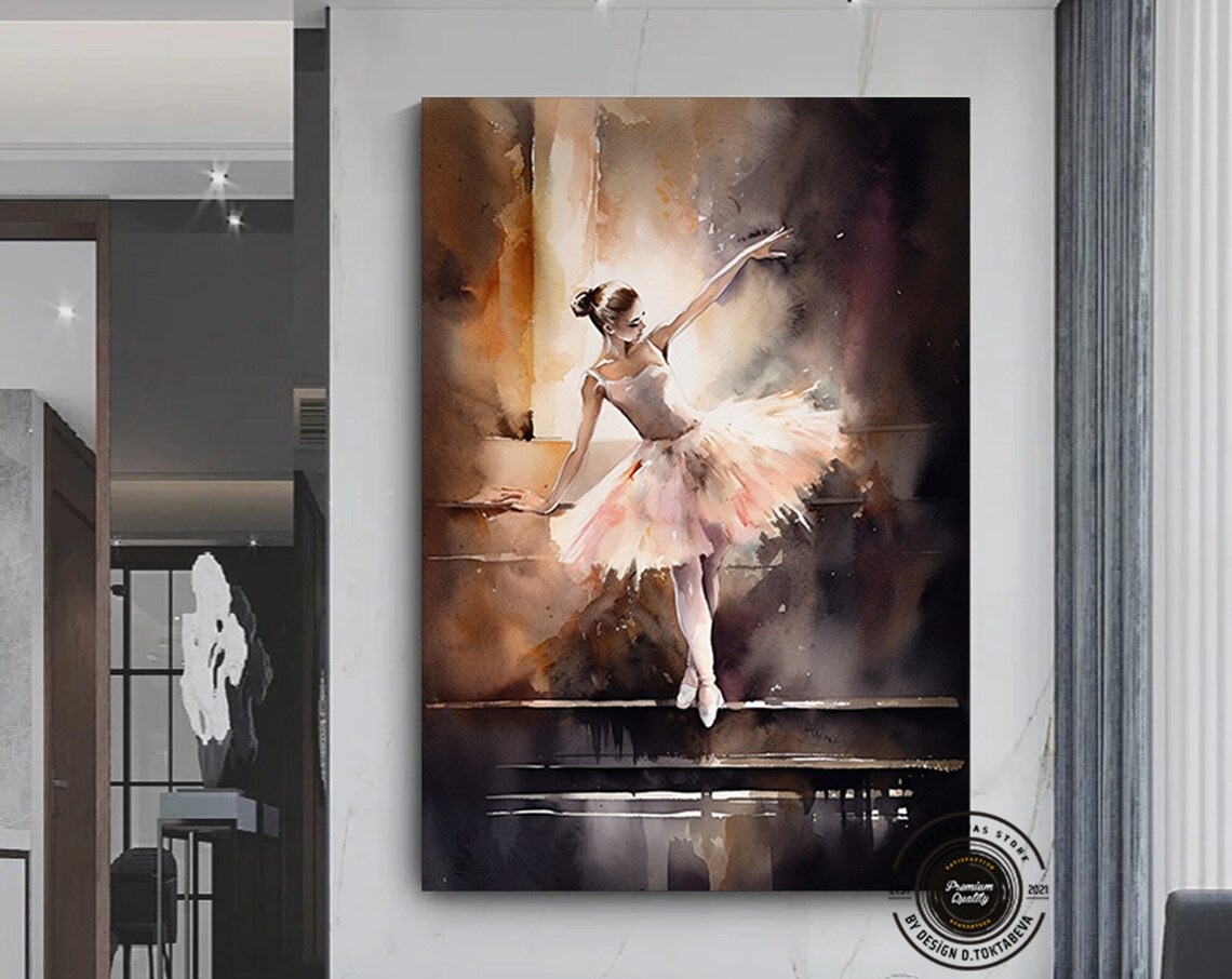 Watercolor Ballerina in White Tutu Dancing in Golden Light Poster