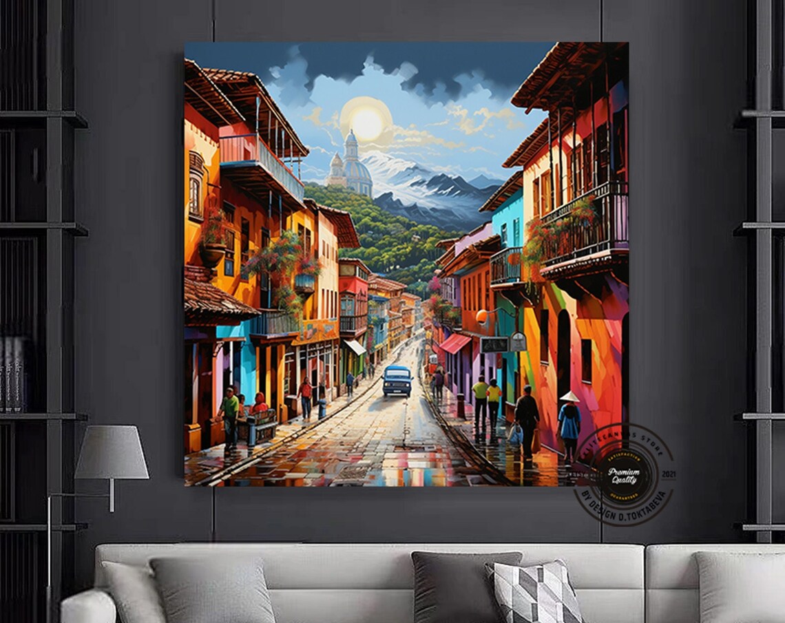 Colorful Colonial Street Scene with Mountain Church View Poster