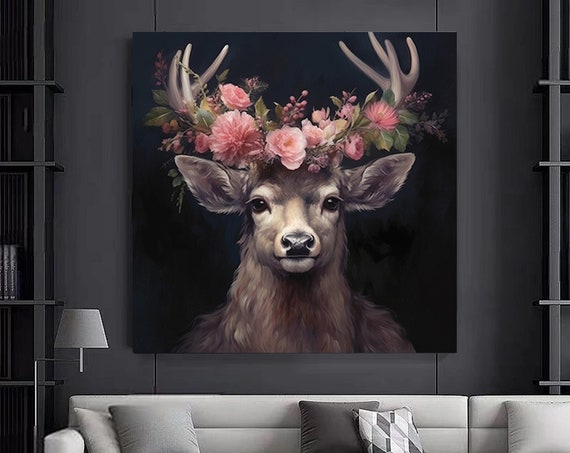 A Deer With Flowers On His Canvas Wall Decor Animal Art Majestic Gift For Lovers