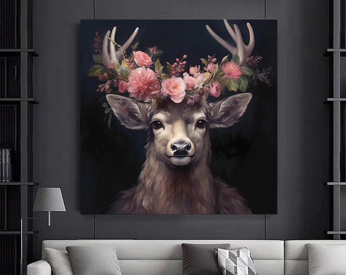 A Deer With Flowers On His Canvas Wall Decor Animal Art Majestic Gift For Lovers