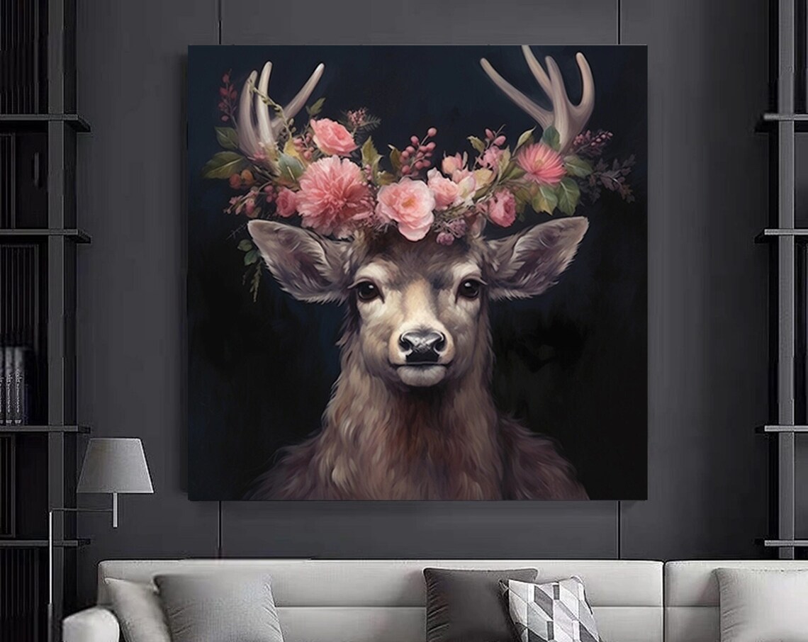 Stag with Floral Crown Pink Flowers Majestic Deer Portrait Poster
