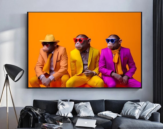 3 Monkey Canvas Art Thoughtful Monkeys Wise Animal Wall Home Decor