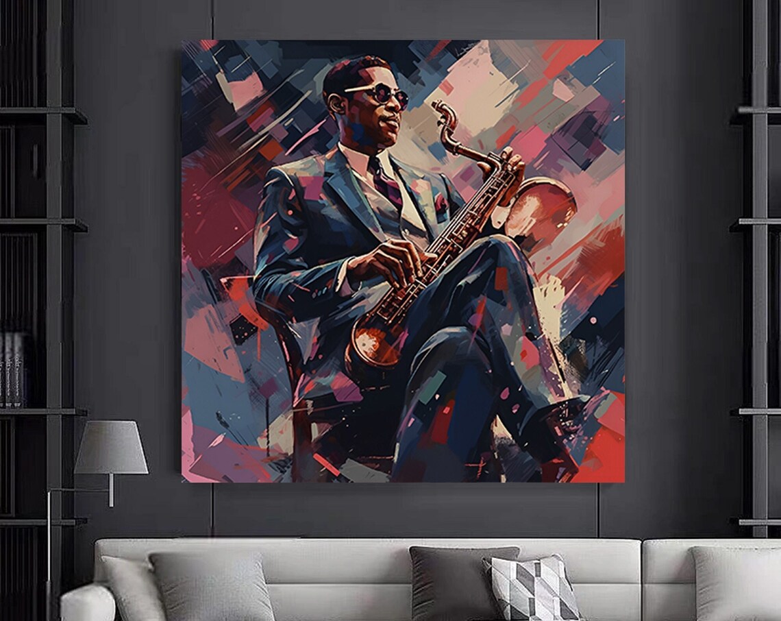 Jazz Saxophonist with Sunglasses Colorful Cubist Music Painting Poster
