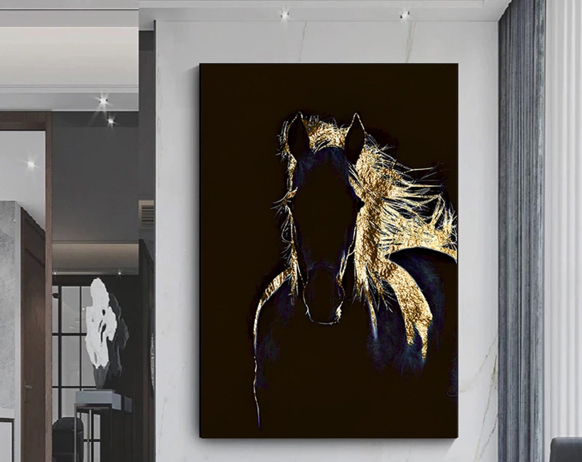 Black Horse Gold Leaf Mane Elegant Equine Portrait Art Poster