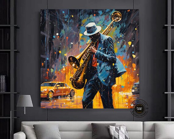 Trumpet Player City Street Night Colorful Jazz Music Art Poster