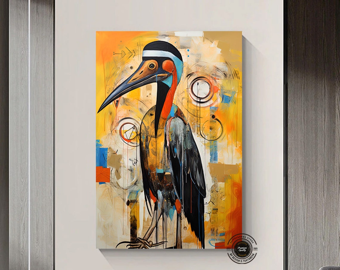 Abstract Wading Bird Painting on Warm Orange Canvas Art Poster