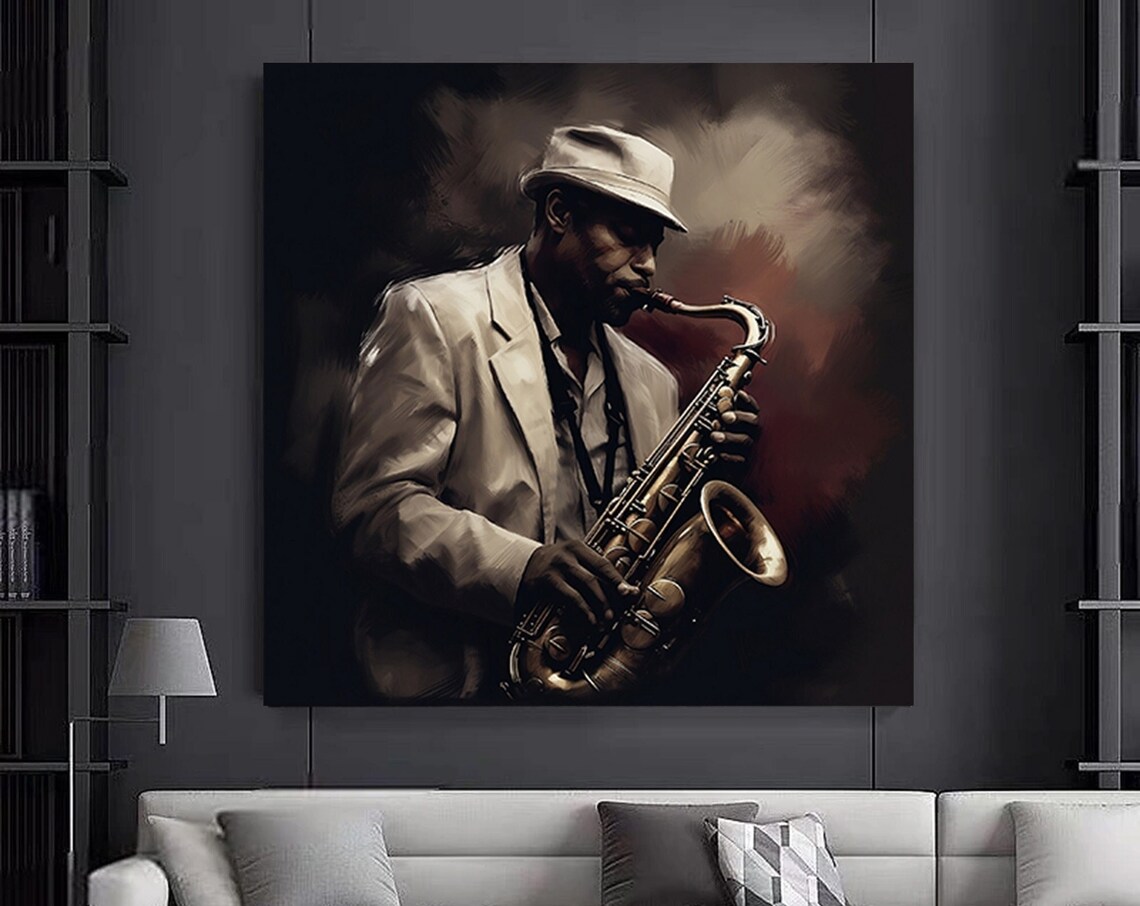 Saxophonist Painting Moody Jazz Musician Hat Portrait Art Poster