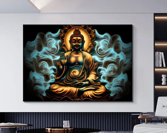 Golden Buddha Meditating Blue Smoke Zen Halo Spiritual Art Poster