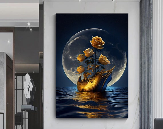 Full Moon Canvas Wall Art Sea Print Boat Decor Modern Home Landscape