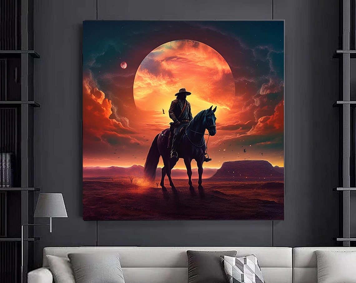 Cowboy On Horseback Silhouette Desert Sunset Western Scene Poster
