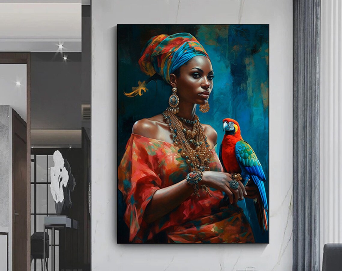African Woman And Parrot Art Print, Ethnic Wall Art