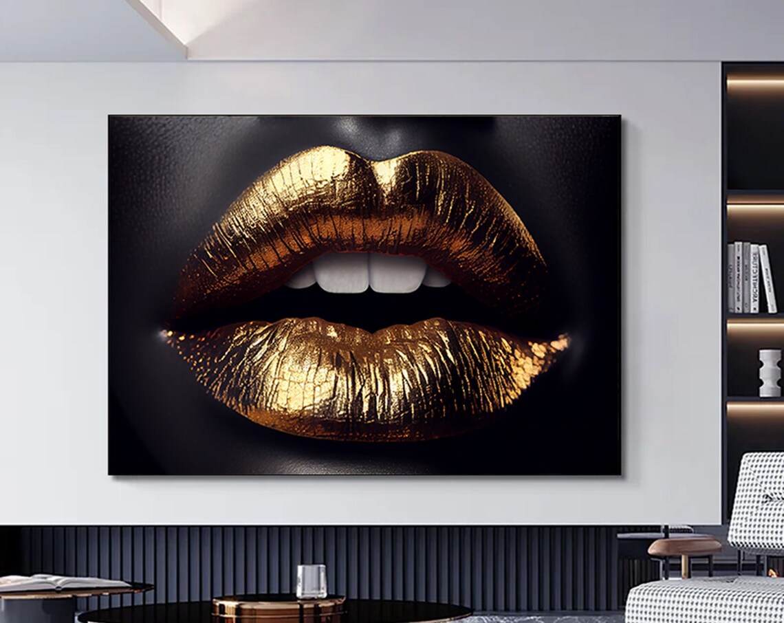 Gold Metallic Lips Close Up Bold Black Background Glam Poster